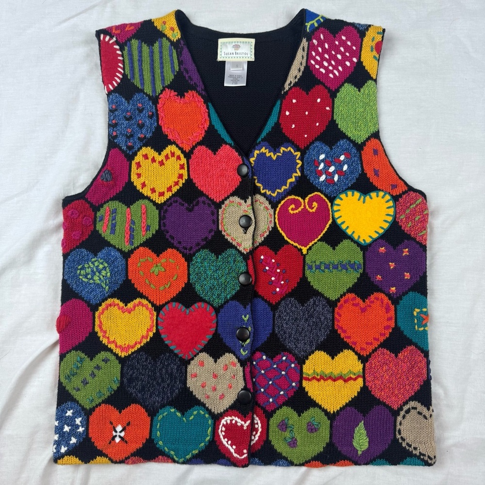 Vintage Susan Bristol Hand Embroidered Heart Valentines Day Sweater Vest 90s S